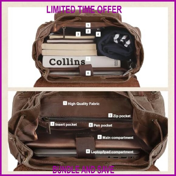 Vintage Waxed Canvas Backpack with Leather 17" Laptop Sleeve Travel Daypack - Picture 5 of 8